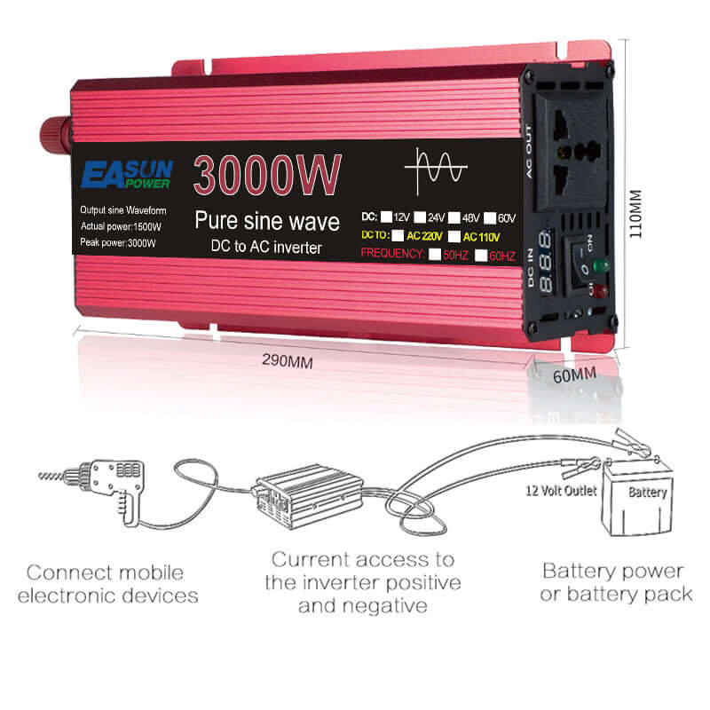 EASUN POWER 1000W/1600W/2200W/3000W DC 12V/24V to AC 220V Pure Sine Wave Inverter